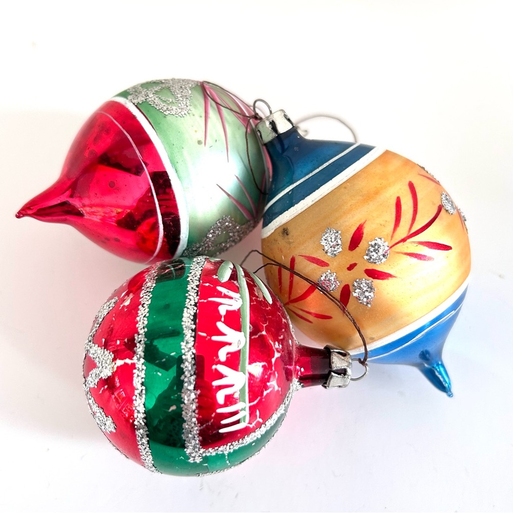 3 Vintage Mercury Glass Tear Drop Round Poland Christmas Ornaments Glitter
